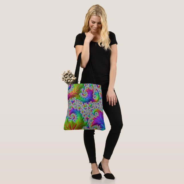 Trippy Vibrant Bold Trippy Rainbow Spiral Fractal Tote Bag (On Model)