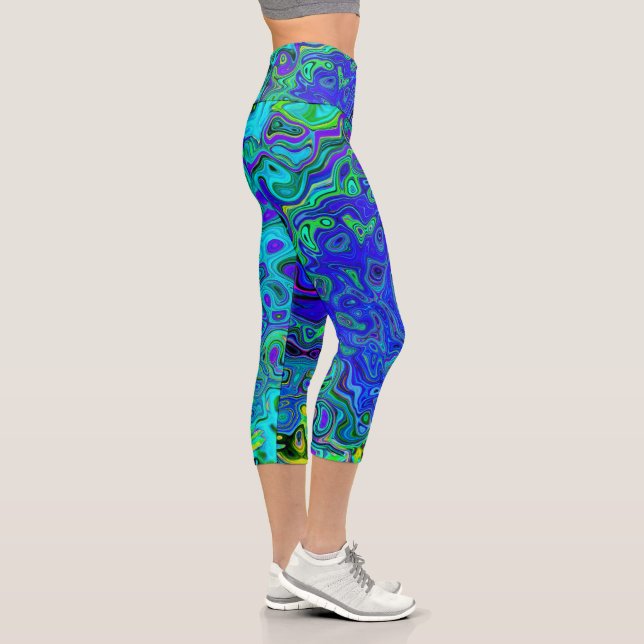 Trippy Violet Blue Abstract Retro Liquid Swirl Capri Leggings (Right)