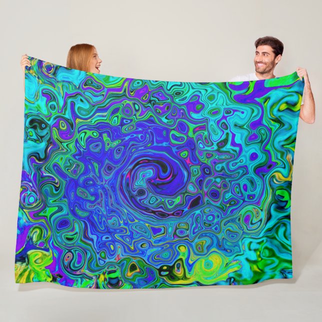 Trippy Violet Blue Abstract Retro Liquid Swirl Fleece Blanket (In Situ)