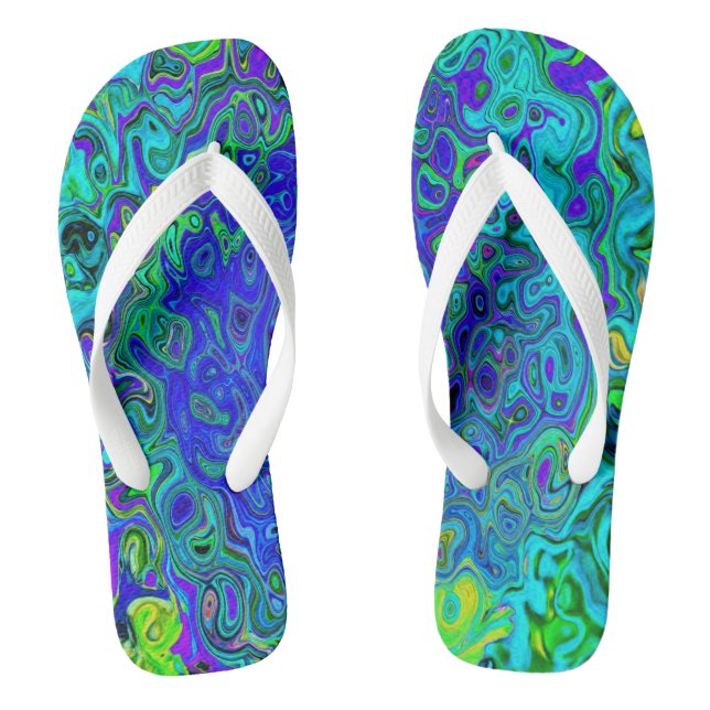 Trippy Violet Blue Abstract Retro Liquid Swirl Thongs (Footbed)