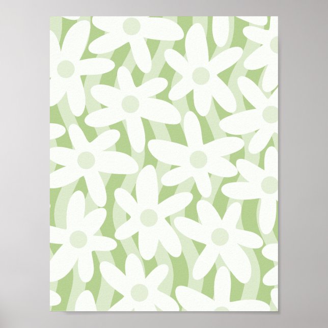 Trippy Wavy Flowers Pastel Sage Green Pattern Poster (Front)