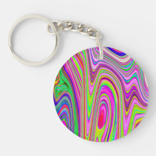 Trippy Yellow and Pink Abstract Groovy Retro Art Key Ring