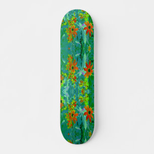 Trippy Yellow and Red Wildflowers on Retro Blue Skateboard