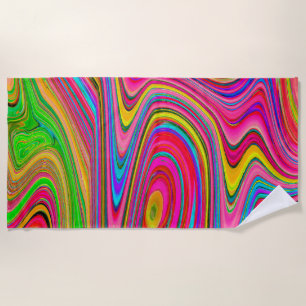 Trippy Yellow, Red and Blue Abstract Groovy Art Beach Towel