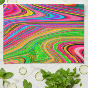 Trippy Yellow, Red and Blue Abstract Groovy Art Tea Towel