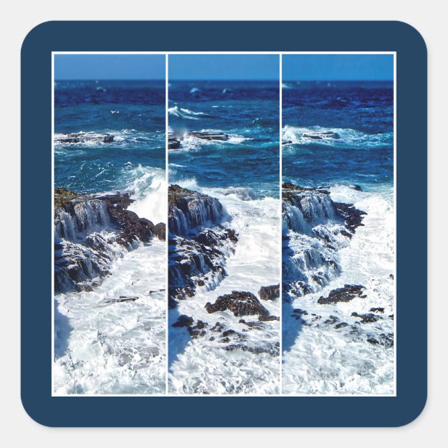 Triptych Of Crashing Waves On Rocks Square Sticker (Front)