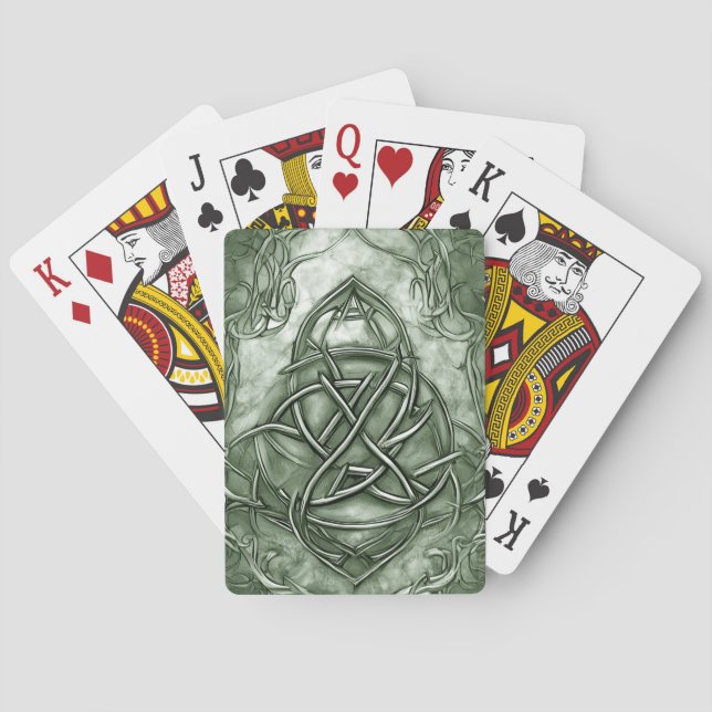Triquetra Trinity Knot Sage Green Faux Metallic Playing Cards (Back)
