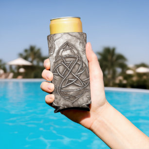 Triquetra Trinity Knot Sepia Faux Metallic Tin Seltzer Can Cooler
