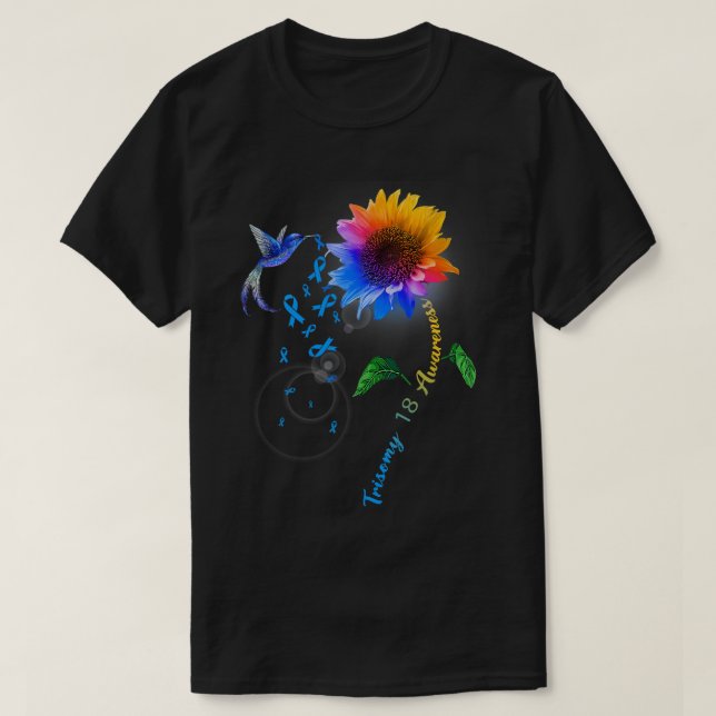 Trisomy 18 Awareness Blue Sunflower Hummingbird T-Shirt (Design Front)