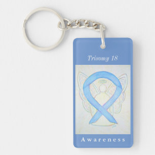 Trisomy 18 Blue Awareness Ribbon Angel Keychain