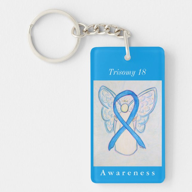 Trisomy 18 Blue Awareness Ribbon Angel Keychain (Front)