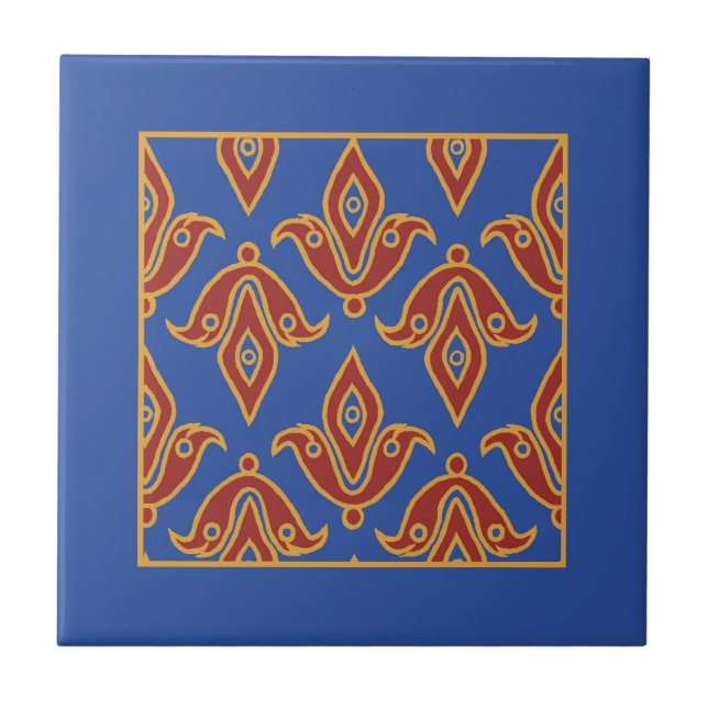 Trivet,  Burgundy, Blue, Gold Fleur de Lys Pattern Ceramic Tile (Front)