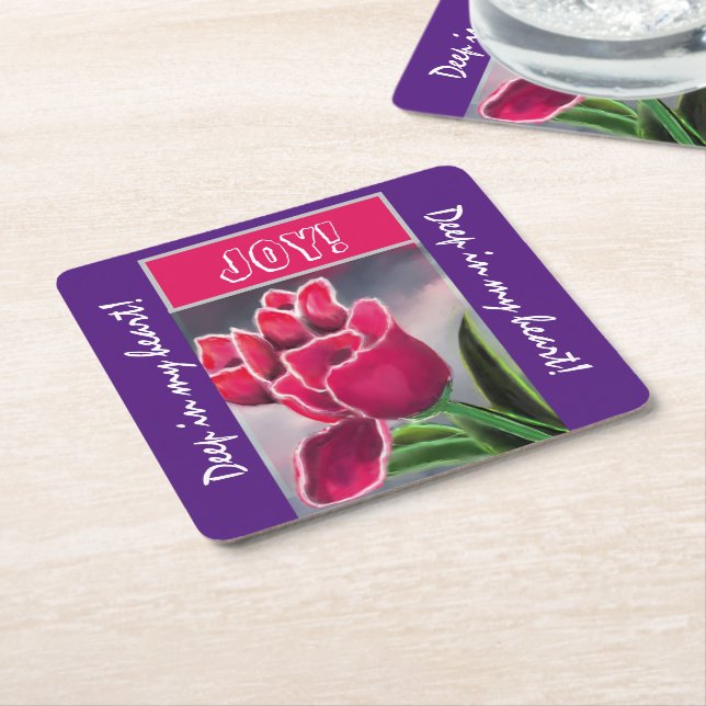 Trivet Gift Floral Design, Personalise Typography Square Paper Coaster (Angled)