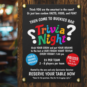 Trivia Night game night colourful fun quiz  Poster