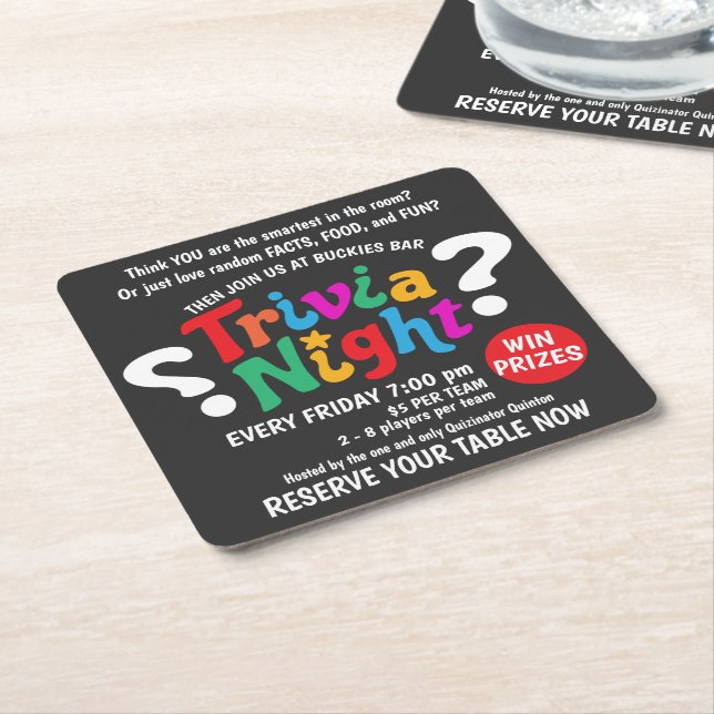 Trivia Night game night colourful quiz promotional Square Paper Coaster (Angled)
