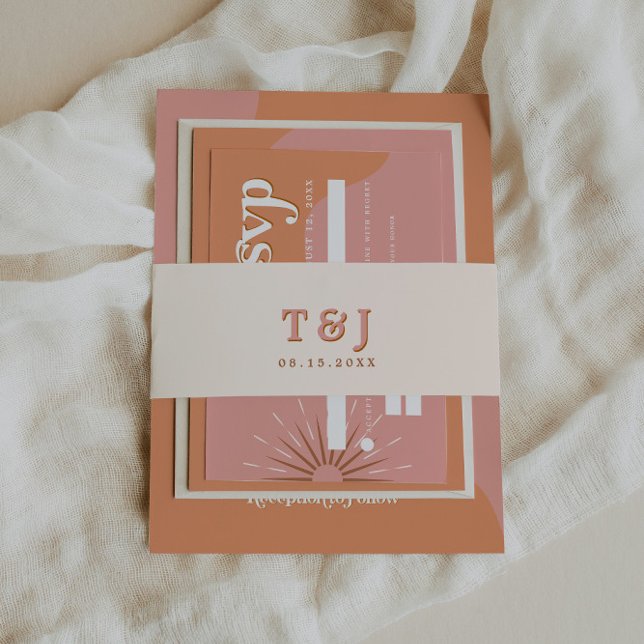 TRIXIE Pink & Orange Retro 70's Wedding Invite  Invitation Belly Band (Creator Uploaded)