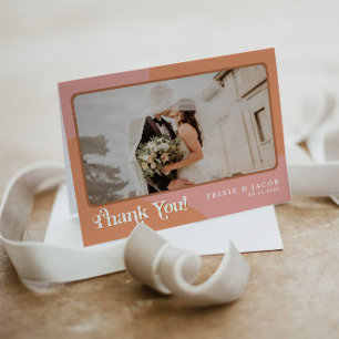 TRIXIE Retro 70's Pink and Orange Photo Wedding Thank You Card
