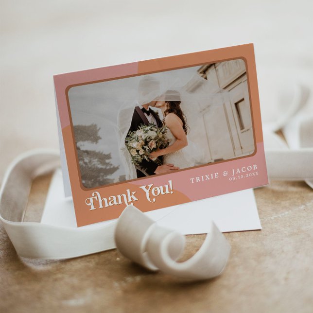 TRIXIE Retro 70's Pink and Orange Photo Wedding Thank You Card (Creator Uploaded)