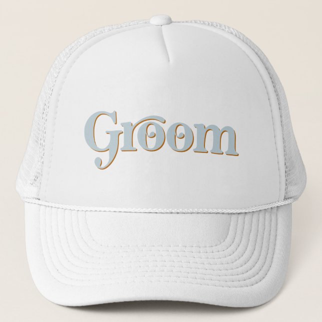 TRIXIE Retro 70's Themed Blue and Orange Groom Trucker Hat (Front)