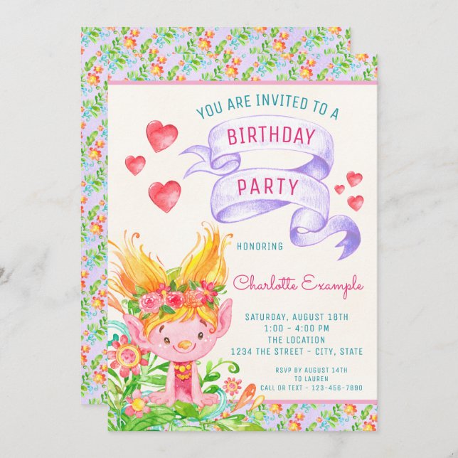 Troll Birthday Party Invitations (Front/Back)