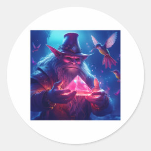 Troll With Glowing Glass Pyramid And Hummingbirds Classic Round Sticker