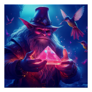 Troll With Glowing Glass Pyramid And Hummingbirds Poster