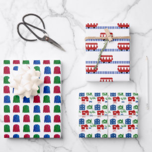 trolley, cardigan, houses wrapping paper sheet