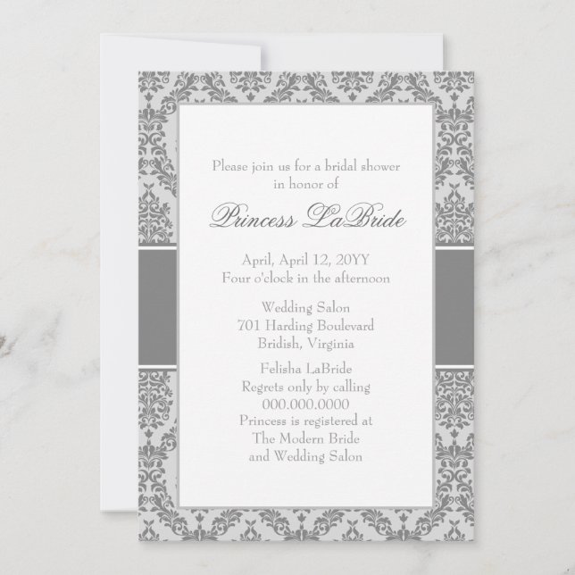 Trolley Grey Damask Bridal Shower Invitation (Front)