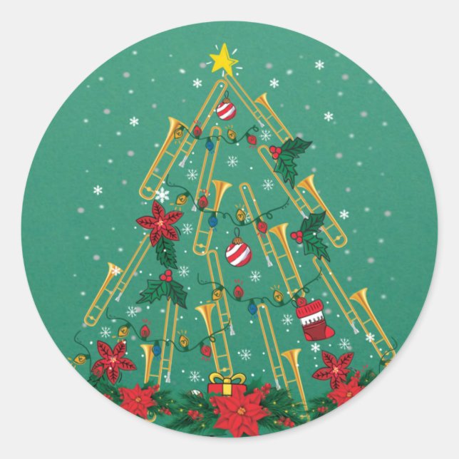 Trombone Christmas Tree Ornaments Funny Music Band Classic Round Sticker (Front)