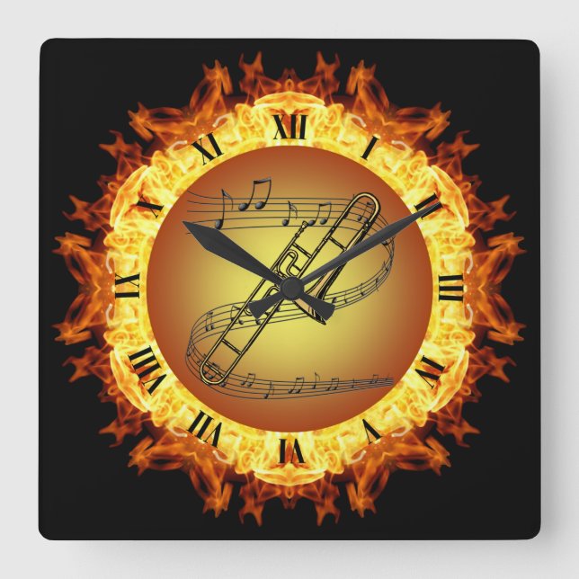 Trombone ~ Fire Creation #3 ~ Out Of The Crucible~ Square Wall Clock (Front)