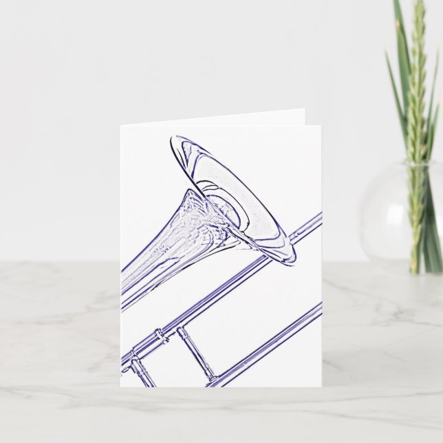 Trombone Greeting Card Blue Ink Drawing (Front)