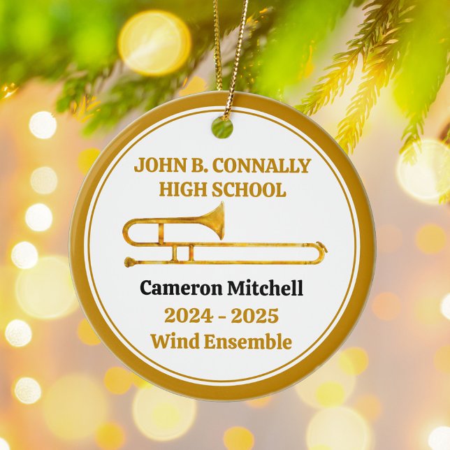 Trombone High School Band Custom Gold Christmas Ceramic Ornament (Creator Uploaded)