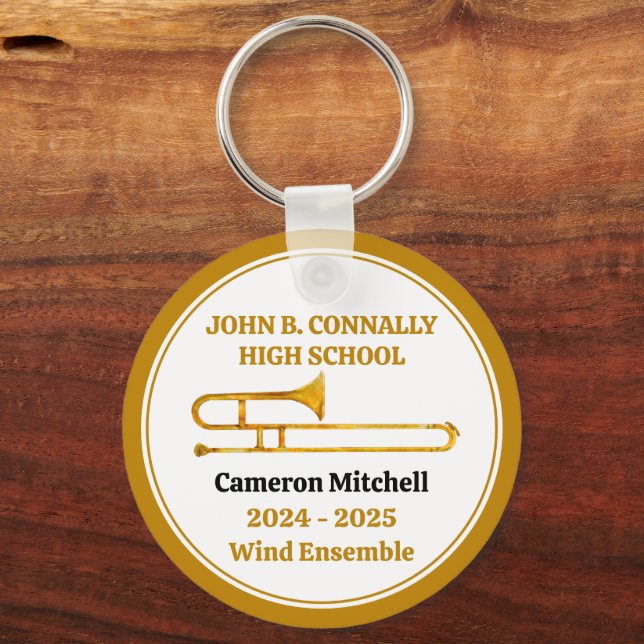 Trombone High School Band Gold Personalised Key Ring (Front)