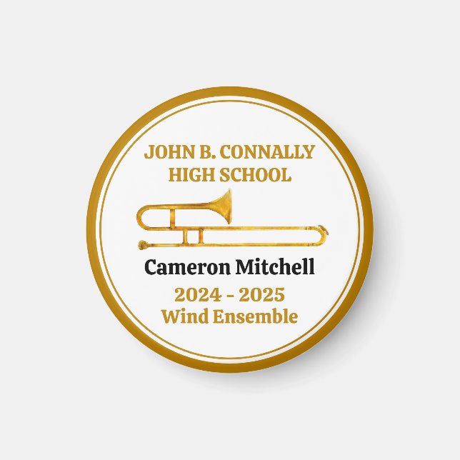 Trombone High School Band Gold Personalised Magnet (Front)