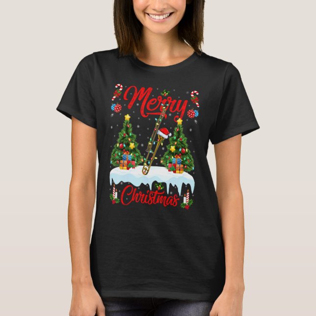 Trombone   Lights Xmas Tree Santa Trombone Christm T-Shirt (Front)