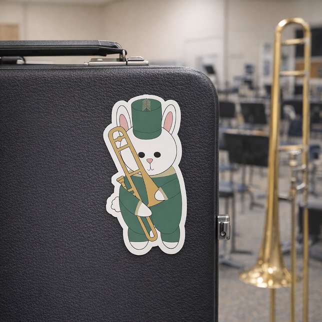Trombone Marching Band Rabbit Green and Gold (A sticker of a trombone holding bunny in green & gold marching band uniform.)