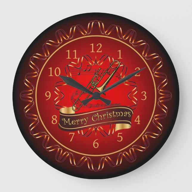 Trombone ~ Merry Christmas ~ Maroon & Black ~   Large Clock (Front)
