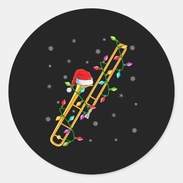 Trombone Music Lover Xmas Lights Santa Trombone Ch Classic Round Sticker (Front)