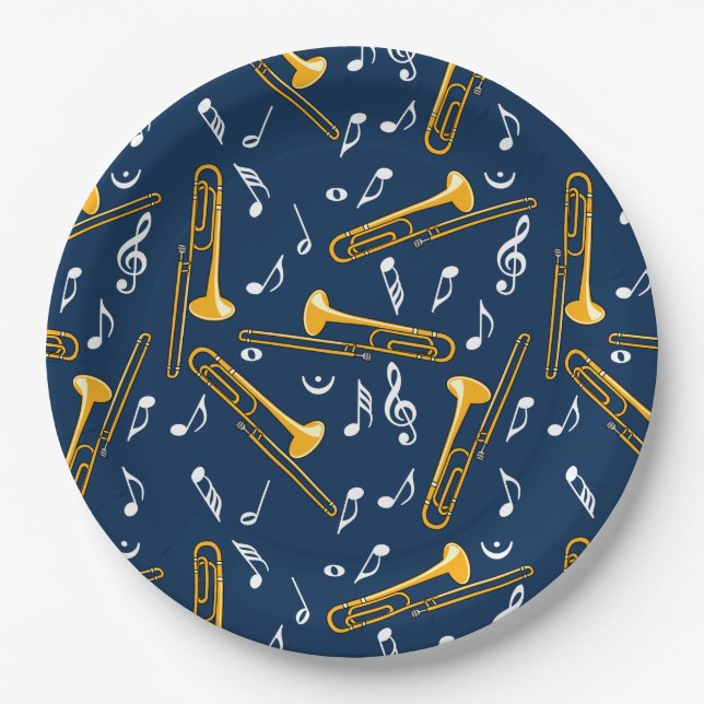 Trombone Music Notes Pattern Paper Plate (Front)