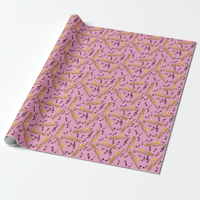 Trombone Music Notes Pink Pattern Wrapping Paper (Unrolled)