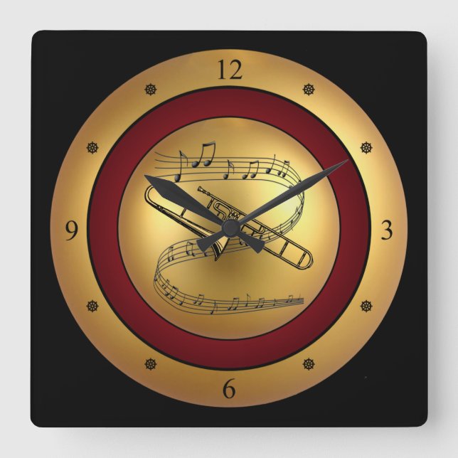 Trombone ~ Musical Scroll ~ Gold/Maroon/Black Back Square Wall Clock (Front)