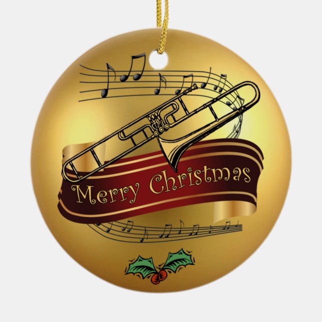 Trombone ~ Musical Scroll ~Gold “Merry Christmas ~ Ceramic Ornament (Front)