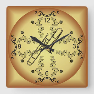 Trombone ~ Musical Scroll ~ Golden Background ~ Square Wall Clock