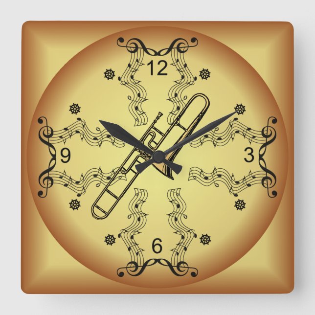 Trombone ~ Musical Scroll ~ Golden Background ~ Square Wall Clock (Front)