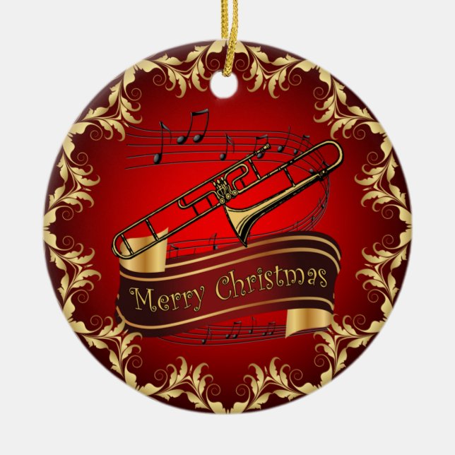 Trombone ~ Musical Scroll ~ Merry Christmas ~ * ~ Ceramic Ornament (Front)