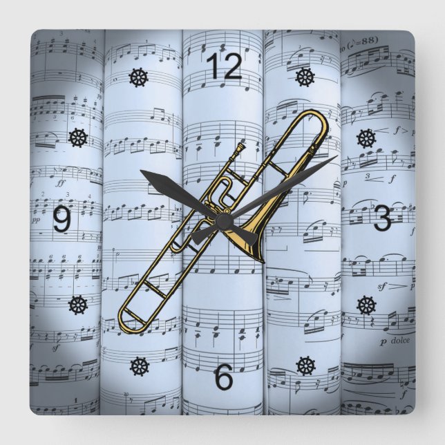 Trombone~Rolled Sheet Music~Blue Tint Background~ Square Wall Clock (Front)