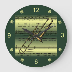 Trombone~Rolled Sheet Music~Gold/Green Background~ Large Clock