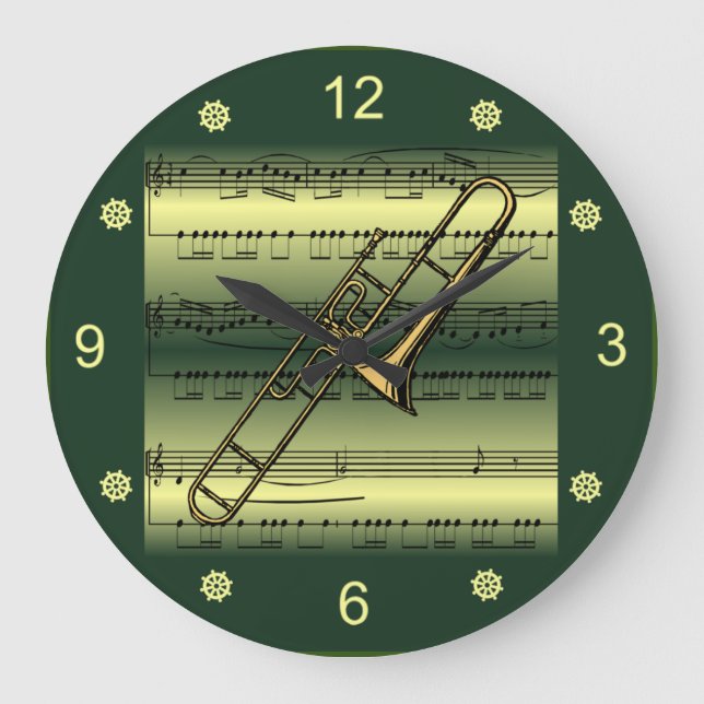 Trombone~Rolled Sheet Music~Gold/Green Background~ Large Clock (Front)