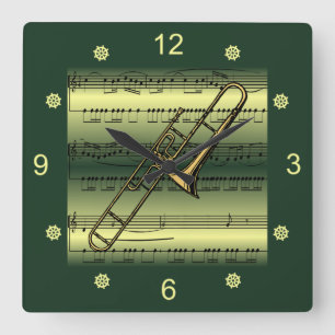Trombone~Rolled Sheet Music~Gold/Green Background~ Square Wall Clock
