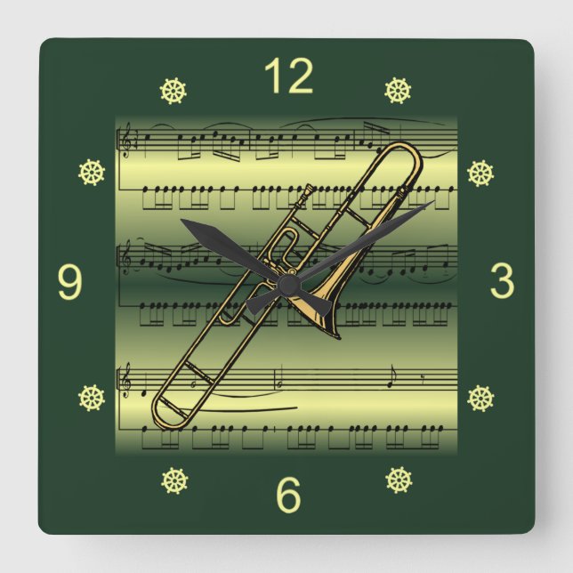 Trombone~Rolled Sheet Music~Gold/Green Background~ Square Wall Clock (Front)